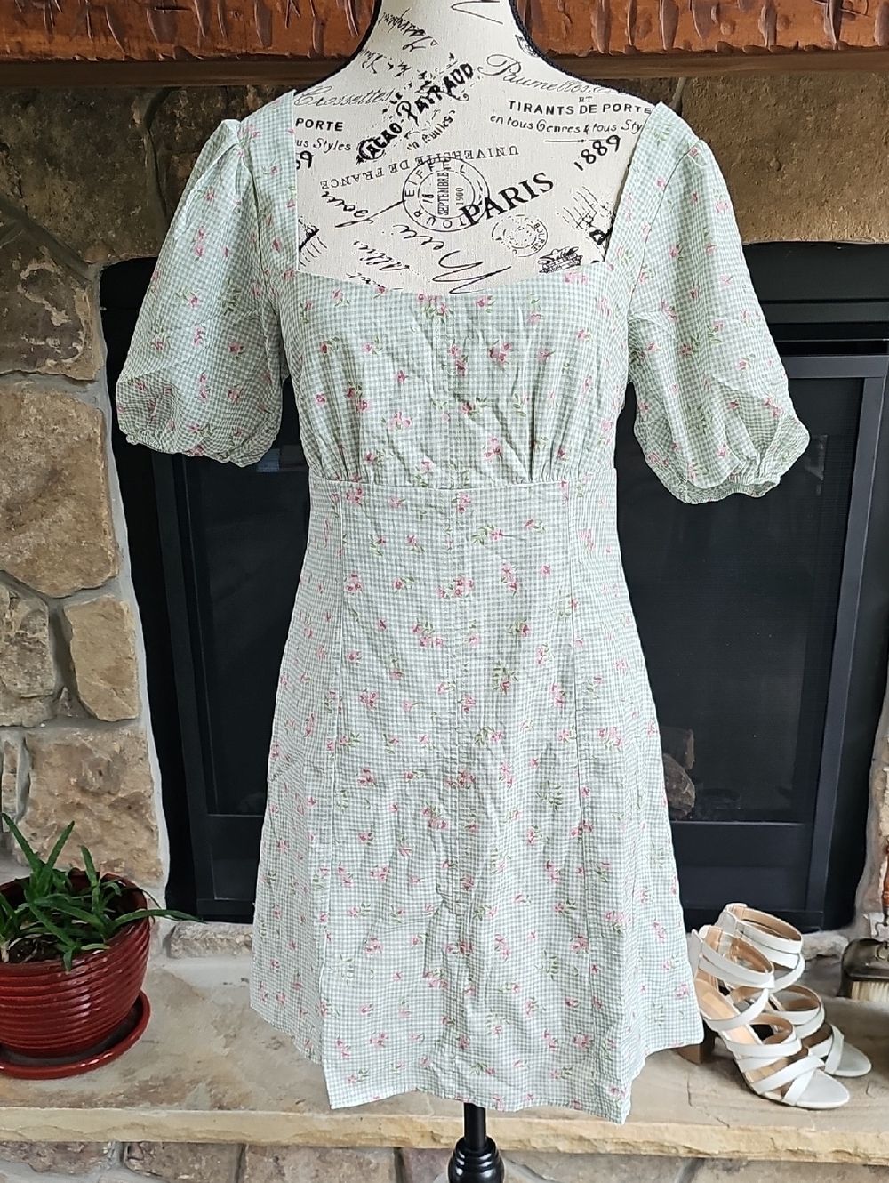 Altar’d State Mint Green Gingham Floral Puff Sleeve Dress M NWT